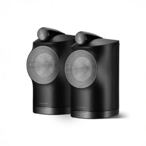 Black high-end speakers with spherical tweeters.