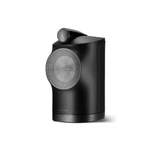 Modern black wireless speaker with sleek design.