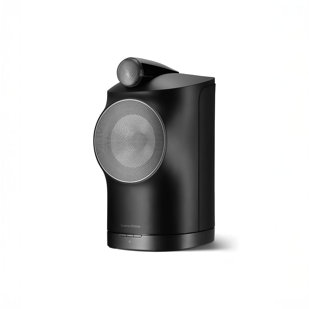 Modern black wireless speaker with sleek design.