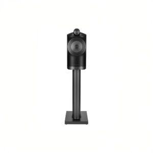 Black speaker on stand, minimalist design.