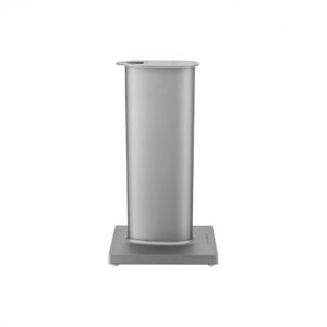 Silver metal pedestal stand on square base.