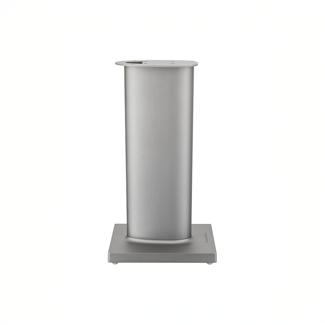 Silver metal pedestal stand on square base.