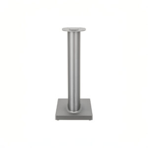 Silver metal table base, square support design.