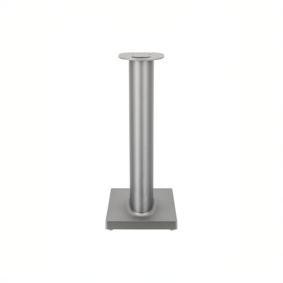 Silver metal table base, square support design.
