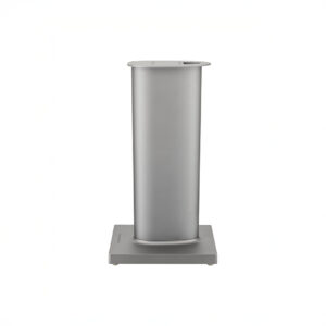 Silver pedestal stand, minimalist design with square base.