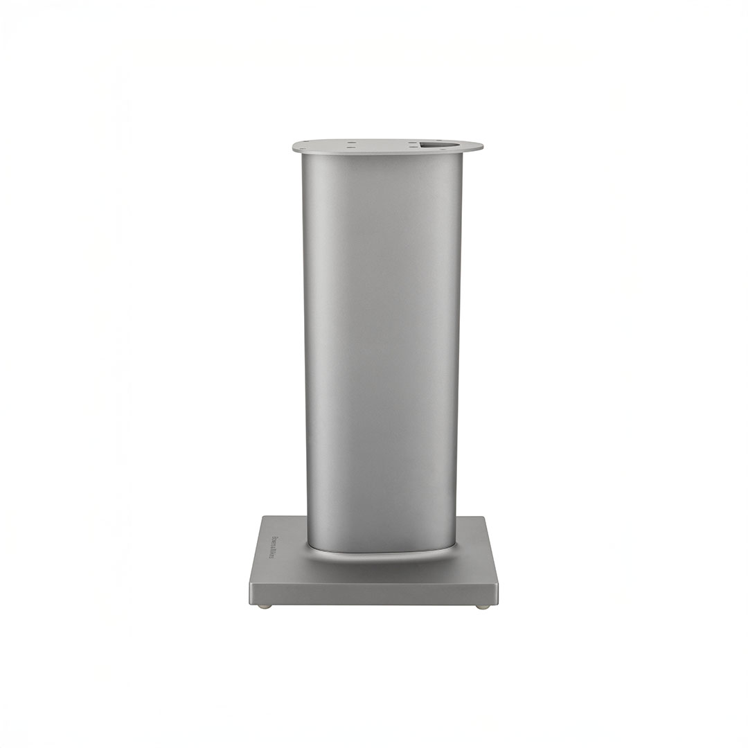 Silver pedestal stand, minimalist design with square base.