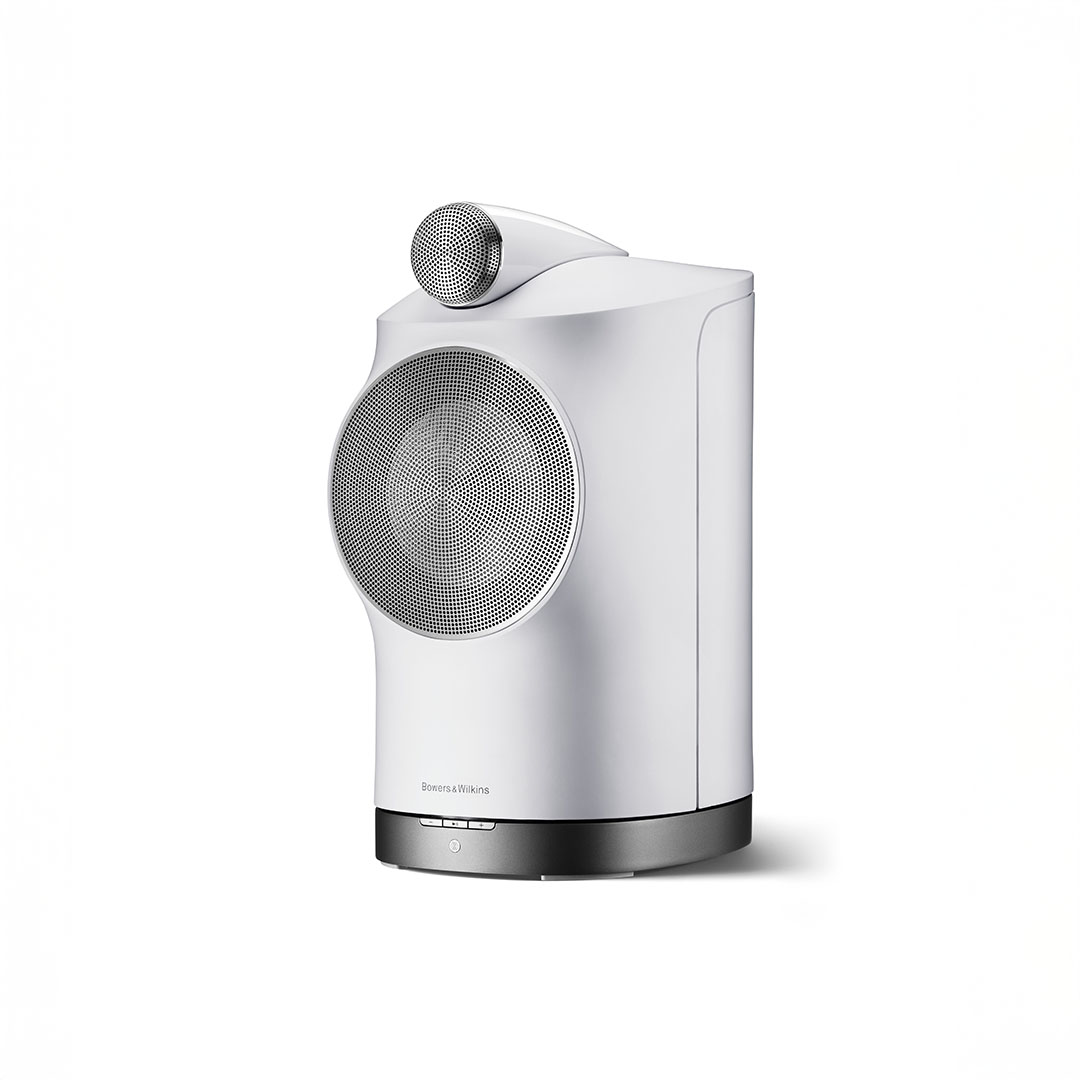 Modern white speaker with sleek design.