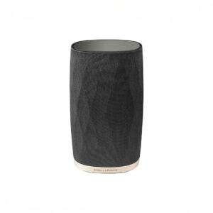 Black wireless speaker with textured design.