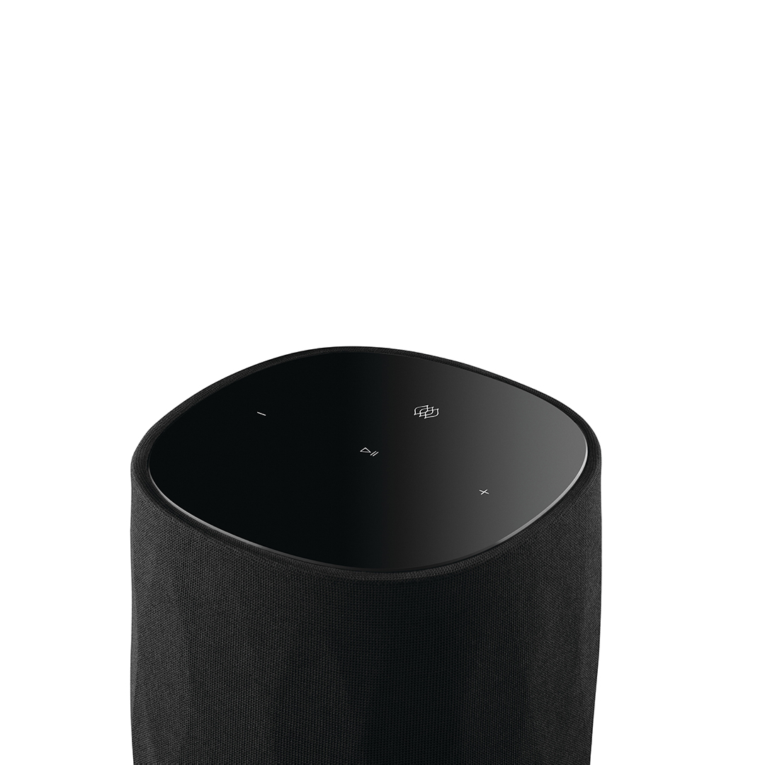 Modern black wireless speaker with touch controls