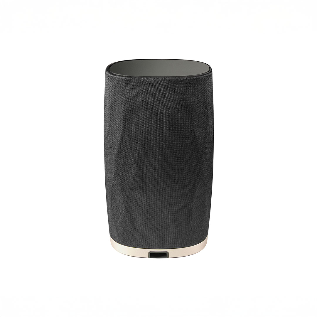 Modern black wireless speaker with fabric cover