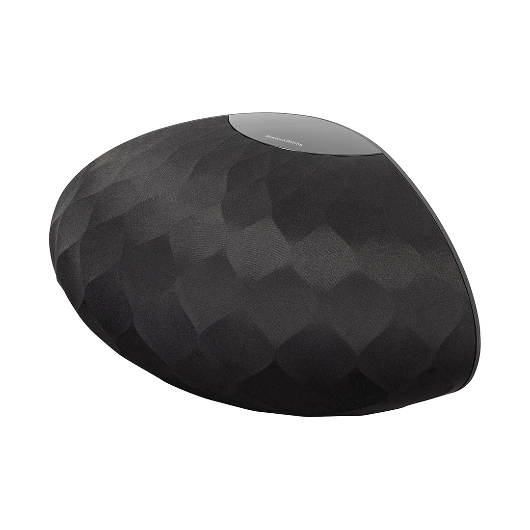 Modern black wireless speaker on white background