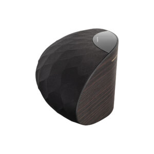 Modern black wireless speaker with textured design.