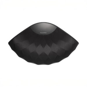 Black geometric wireless speaker on white background.