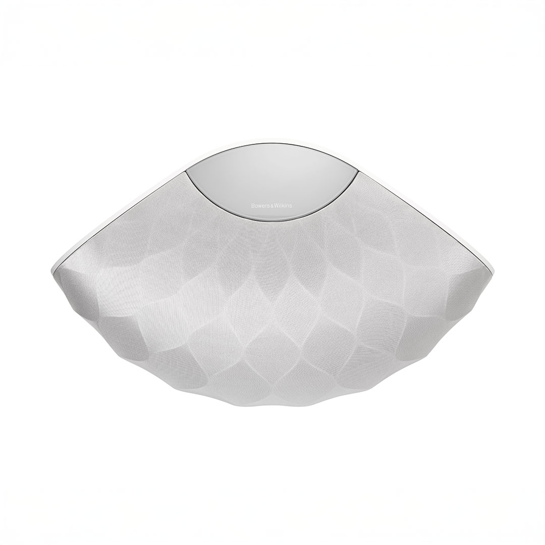 Modern white wireless speaker with geometric design