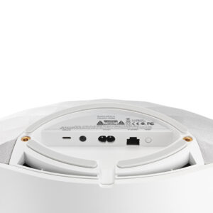 Close-up of speaker's connectivity ports.