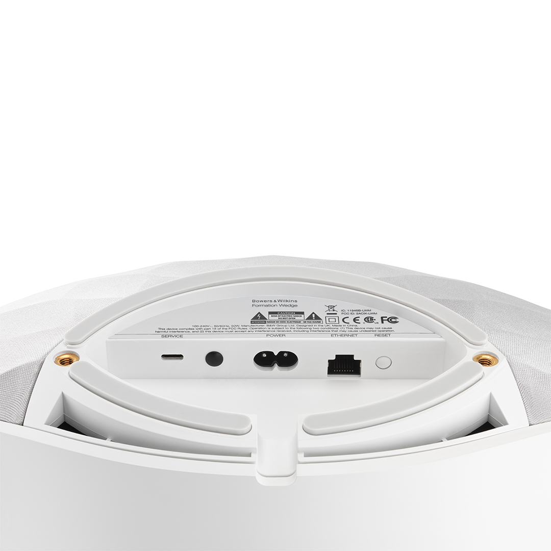 Close-up of speaker's connectivity ports.