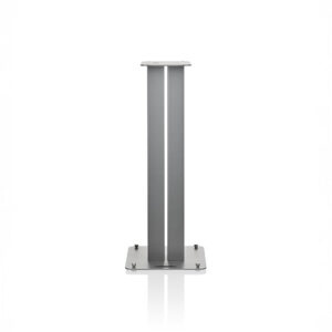 Silver metal speaker stand on white background.