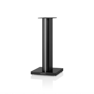 Black speaker stand with square base.
