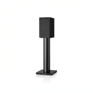 Black speaker on a tall stand