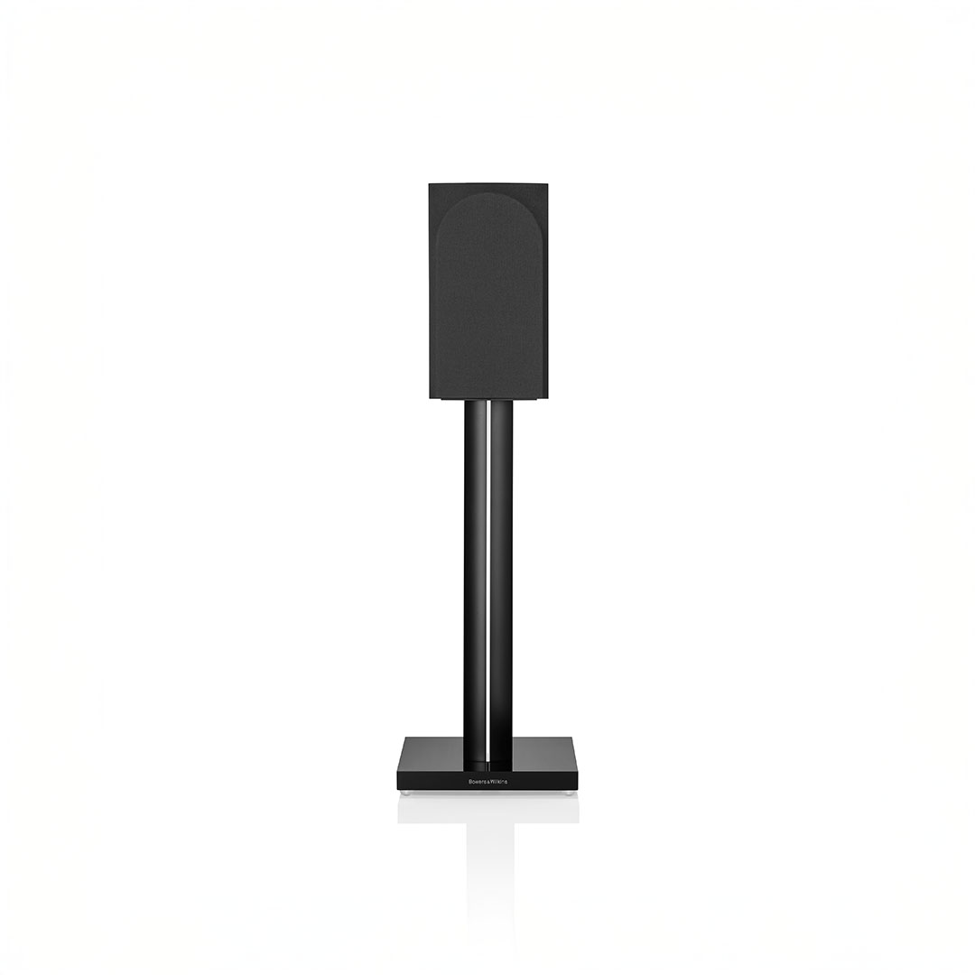 Black speaker on tall stand isolated on white.