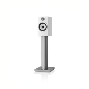 White speaker on silver stand