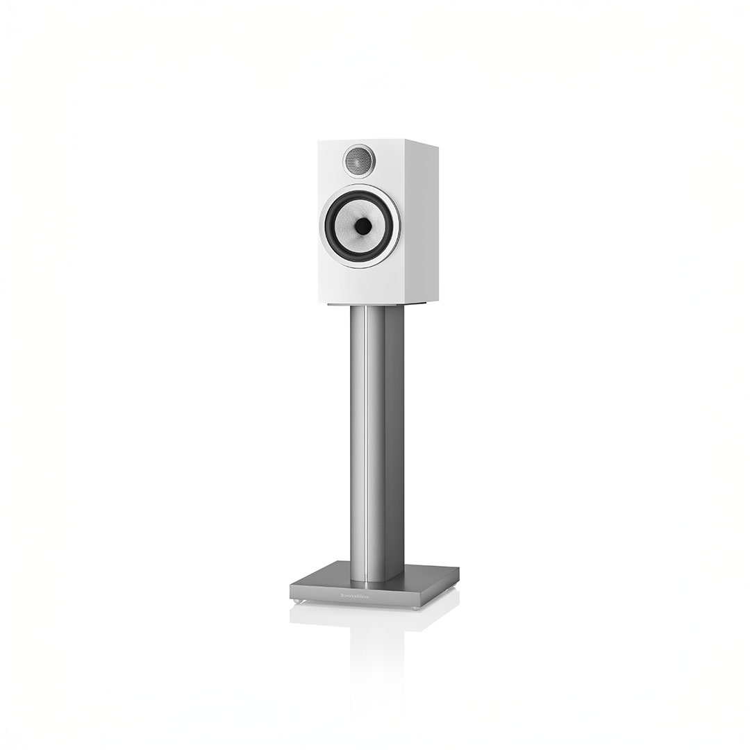 White speaker on silver stand