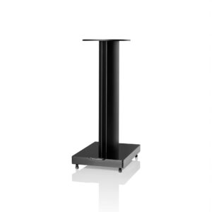 Black speaker stand on white background.