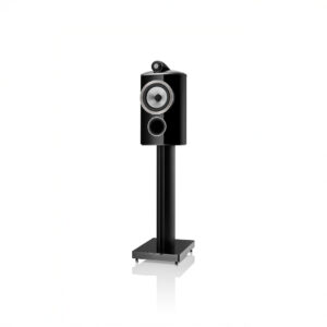 Modern black floor-standing speaker on white background