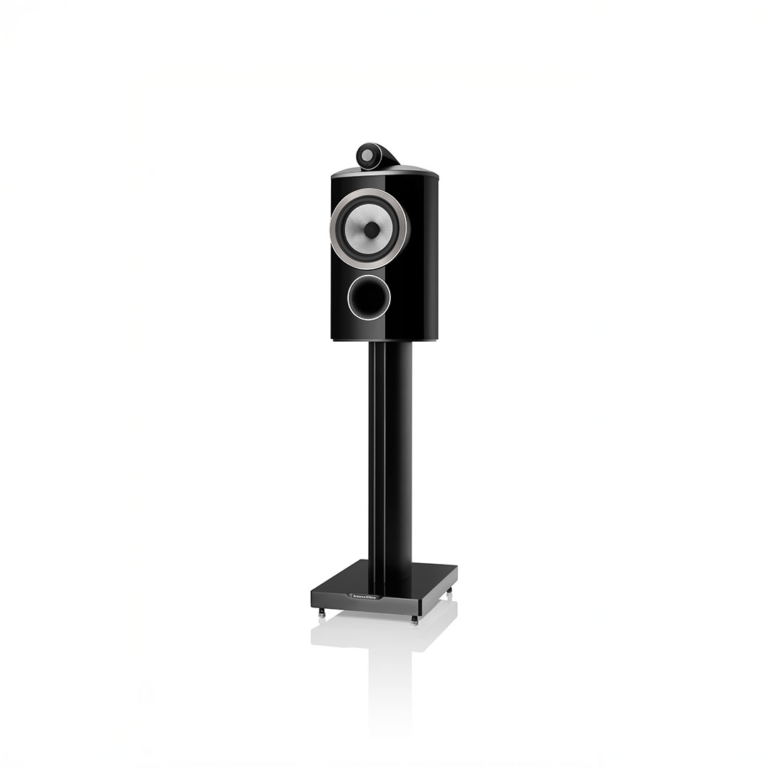 Modern black floor-standing speaker on white background
