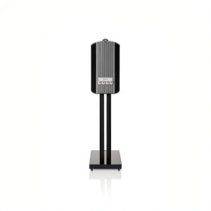 Black floor-standing speaker on white background.