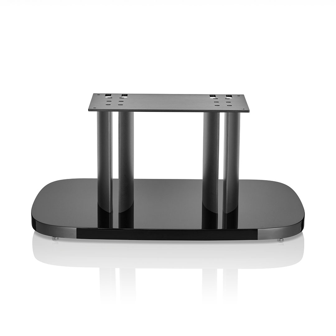 Black pedestal speaker stand with two cylindrical supports.