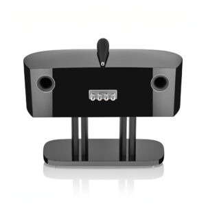 Black modern speaker with dual ports and controls.