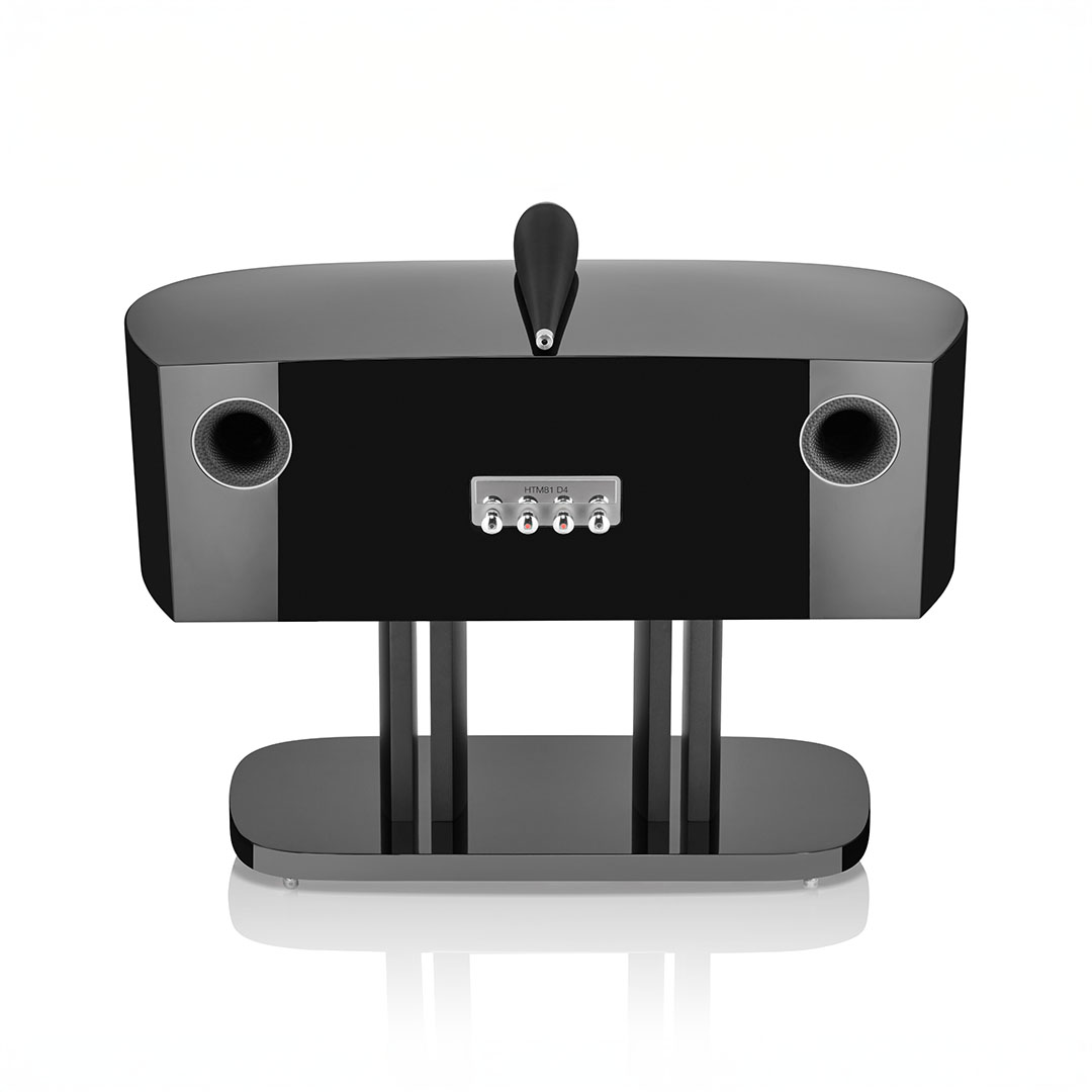Black modern speaker with dual ports and controls.