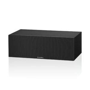 Black rectangular speaker on reflective surface.