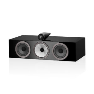 Black surround sound speaker with three drivers.