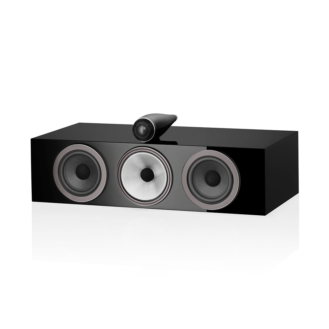 Black surround sound speaker with three drivers.