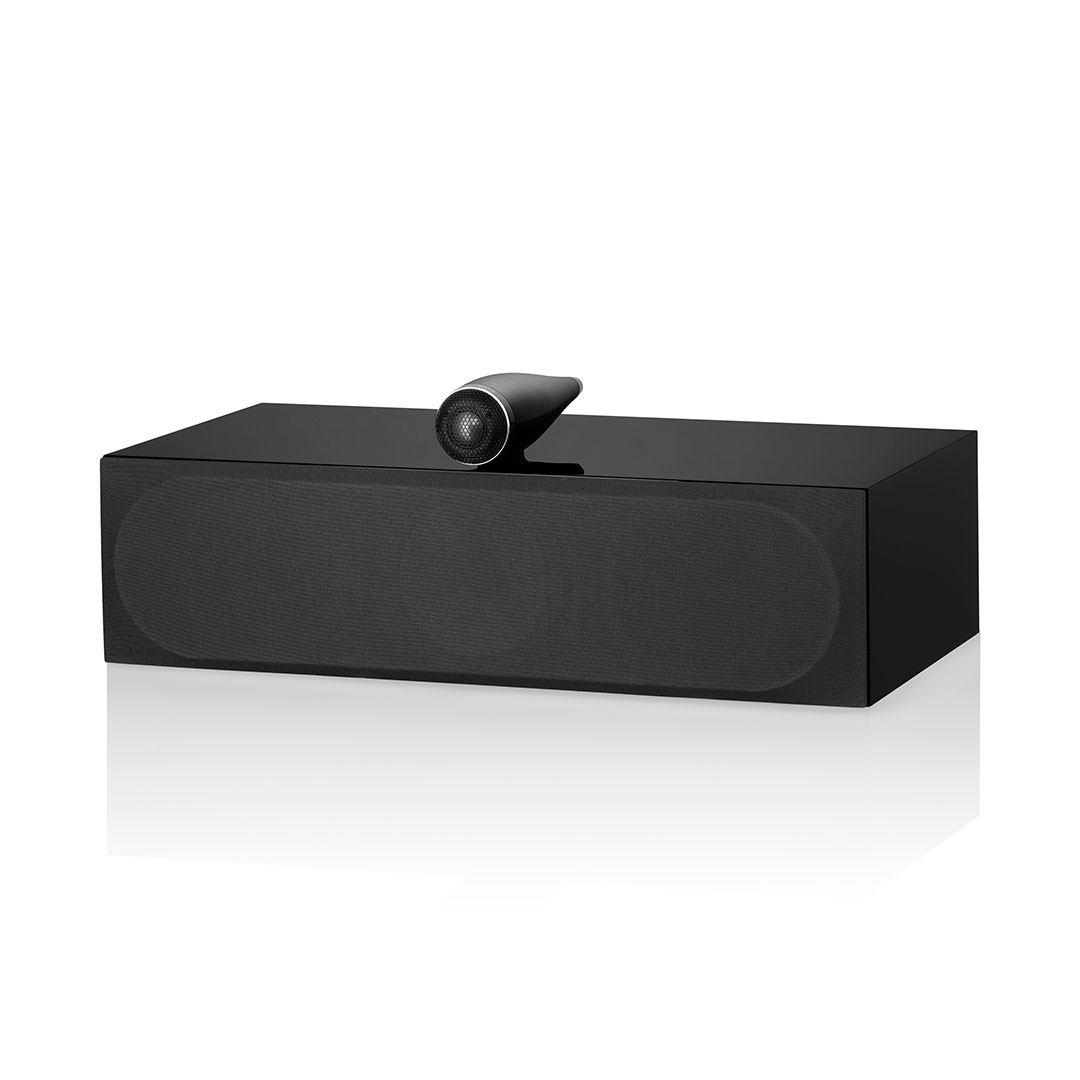 Black wireless speaker with sleek modern design.