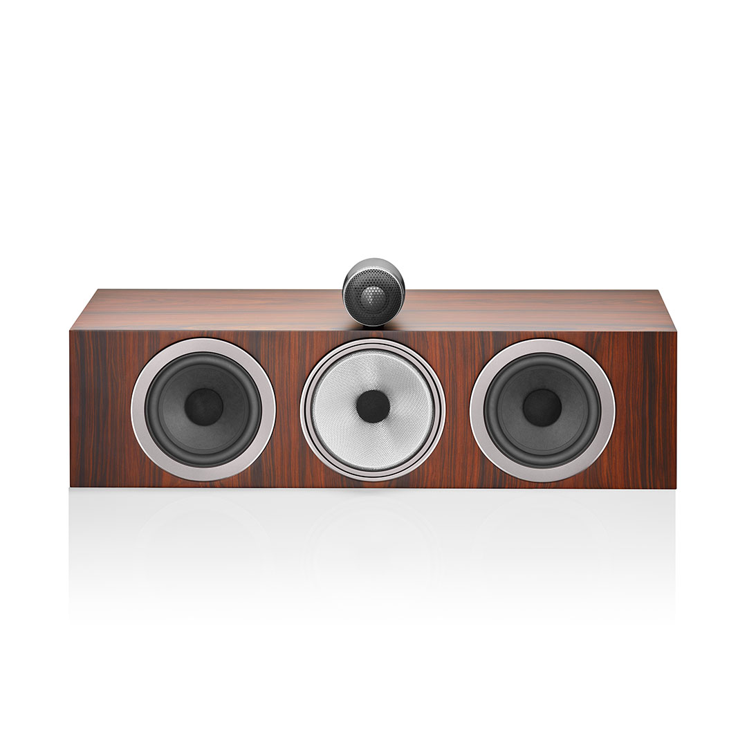 High-end wooden center channel speaker with three drivers.