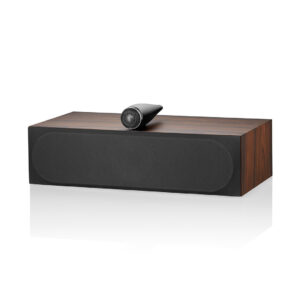 Wooden speaker with black grille and modern design.