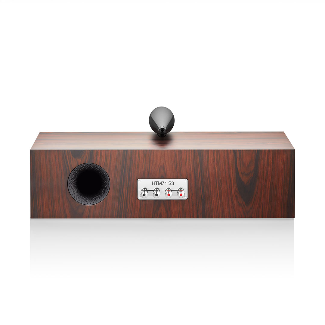 Back view of wooden speaker with connectors