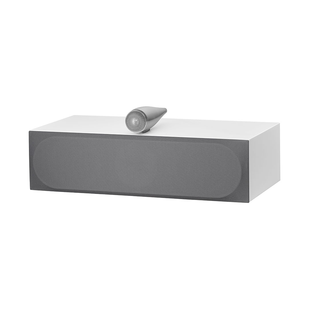 Modern soundbar with sleek design and gray finish.