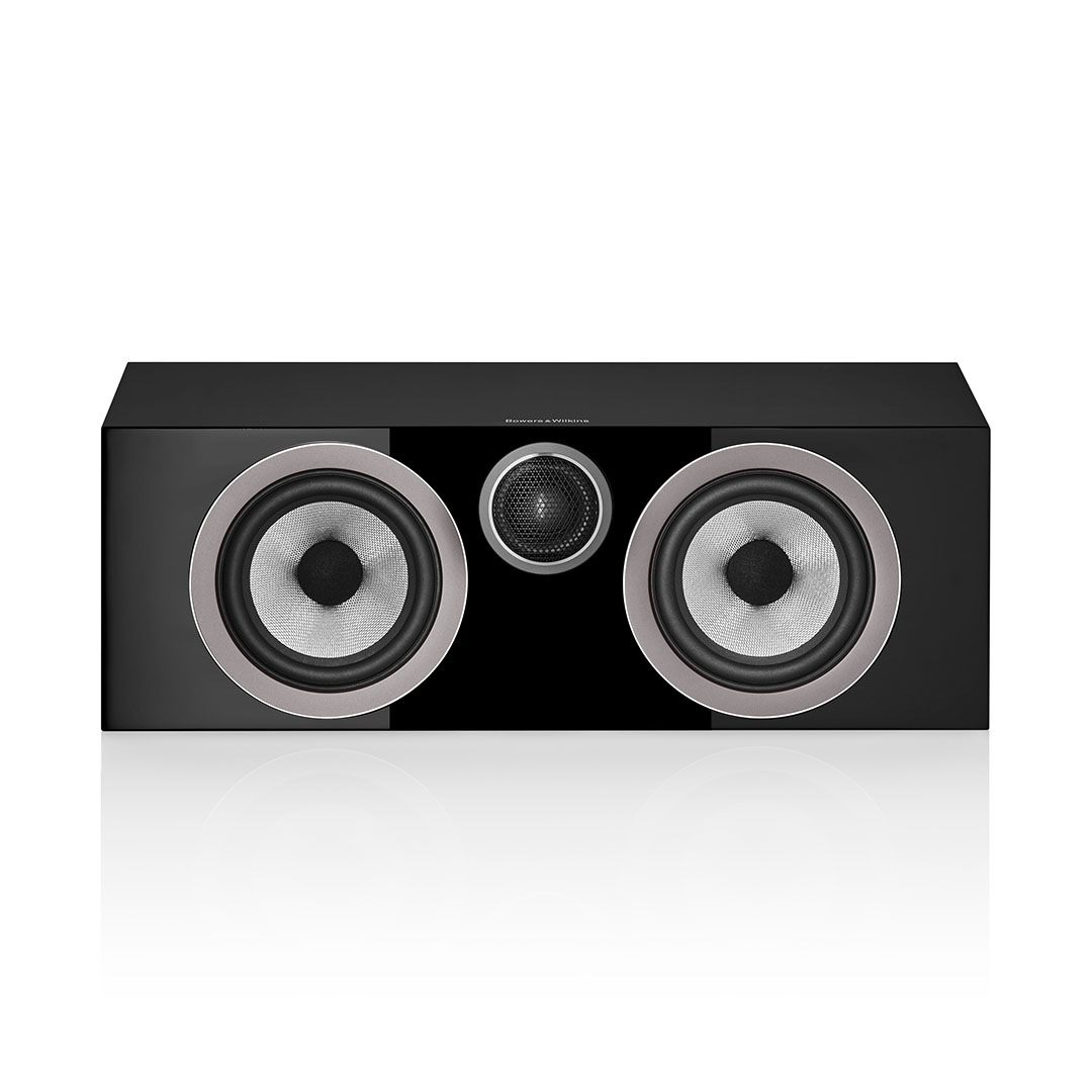 Black dual speaker on white background.