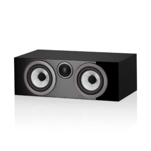 Black dual-driver speaker on white background.
