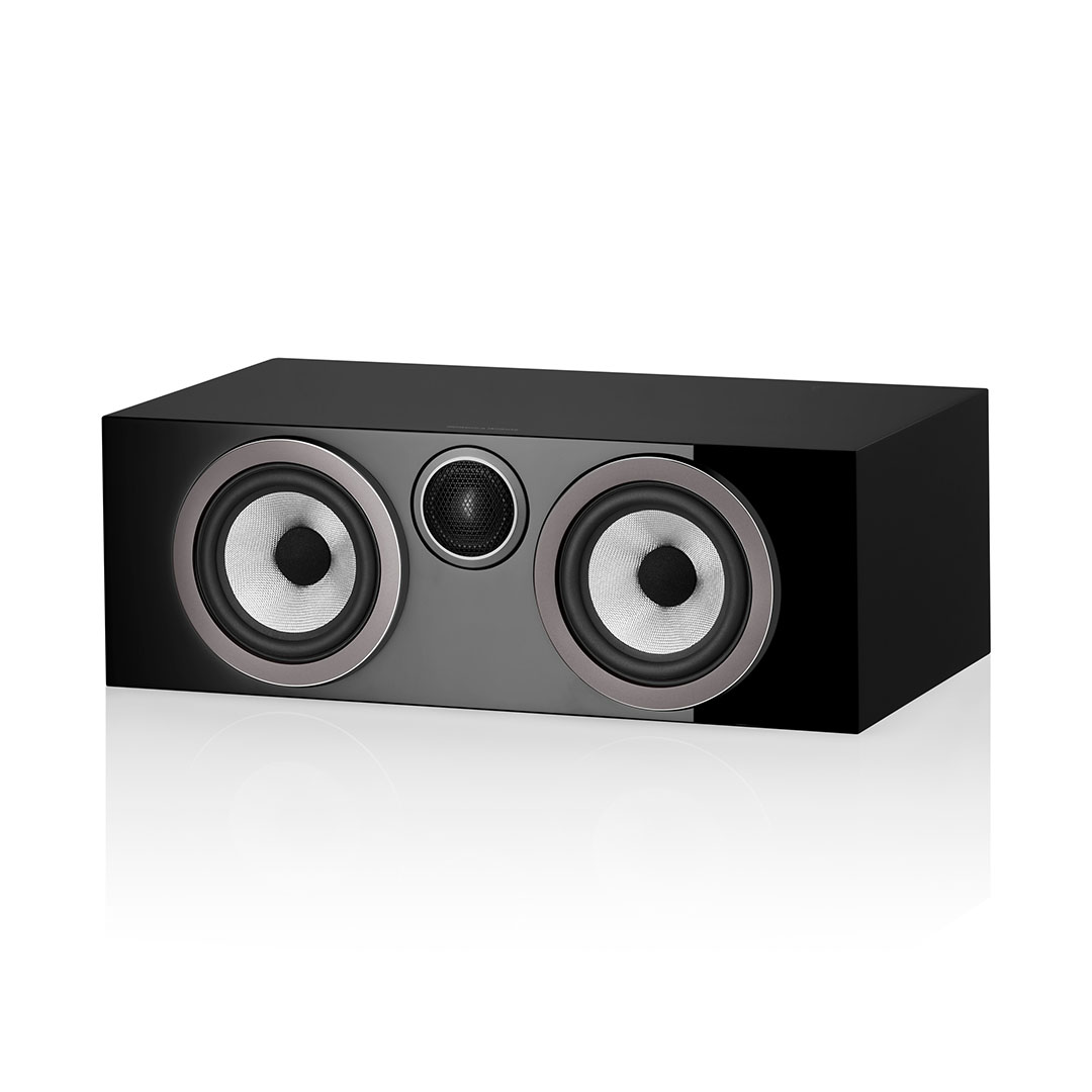 Black dual-driver speaker on white background.