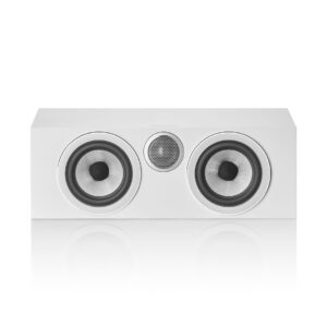 White center speaker with dual woofers and tweeter.