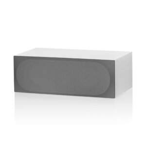 Modern rectangular speaker with black grille and white body.