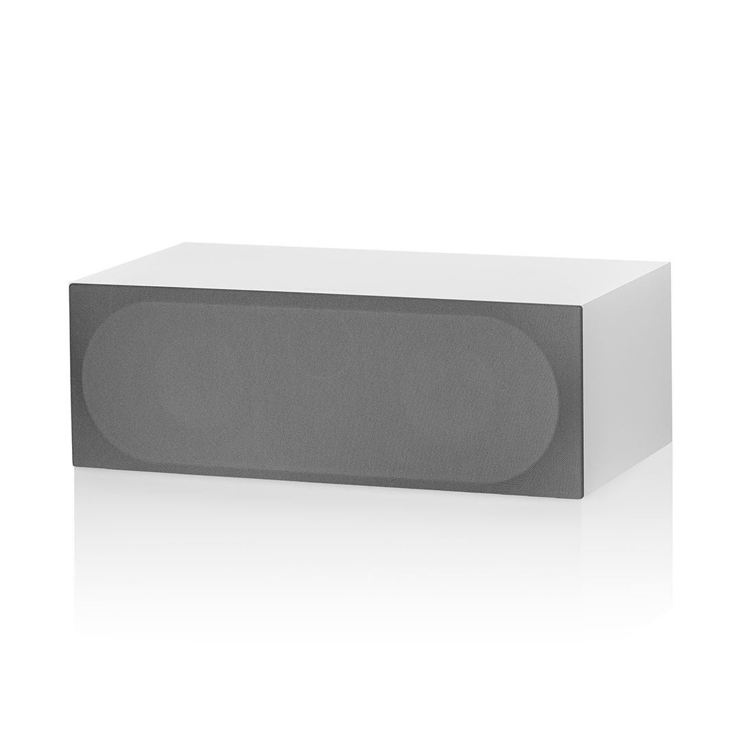 Modern rectangular speaker with black grille and white body.