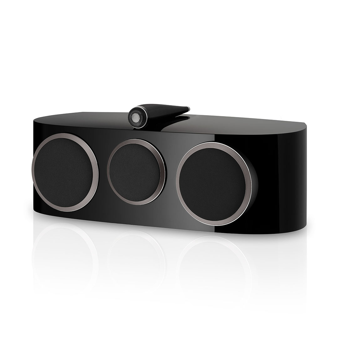 Sleek modern black speaker with three circular drivers.