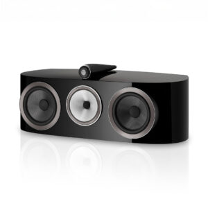 Black triple speaker system with sleek design.