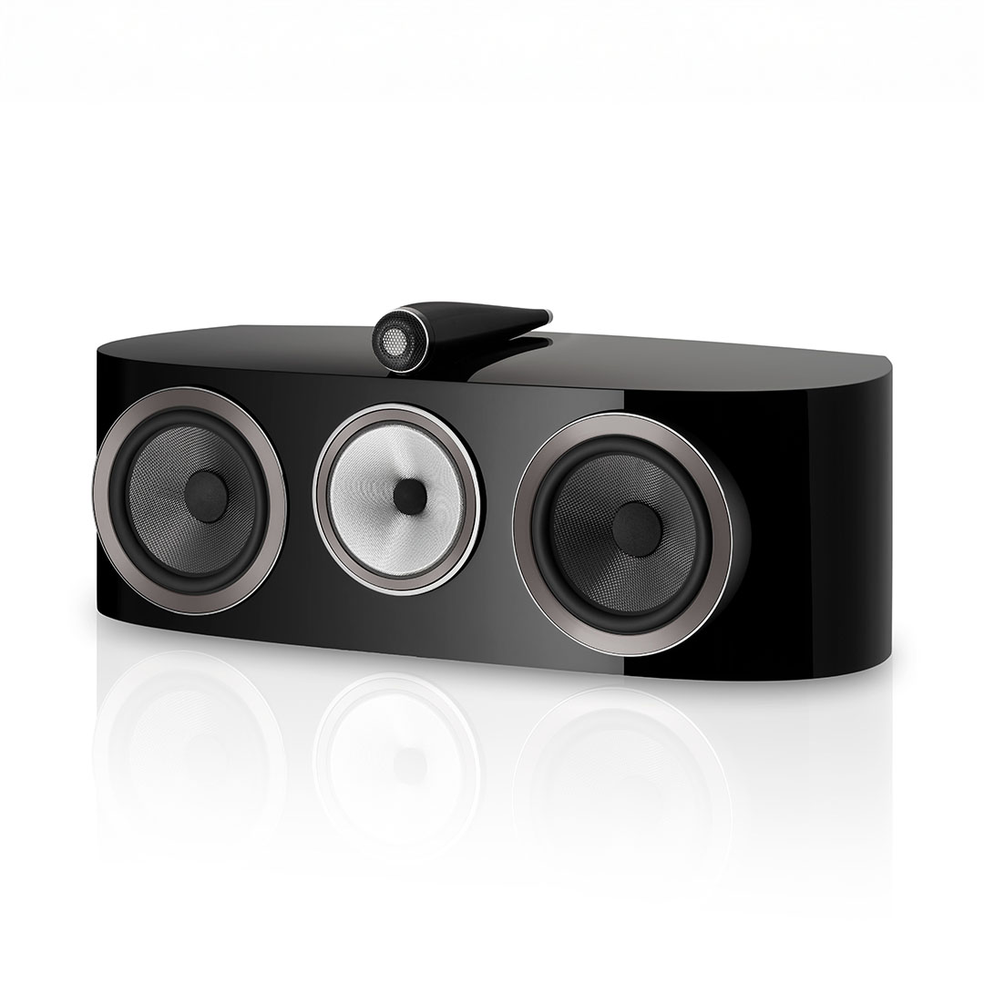 Black triple speaker system with sleek design.